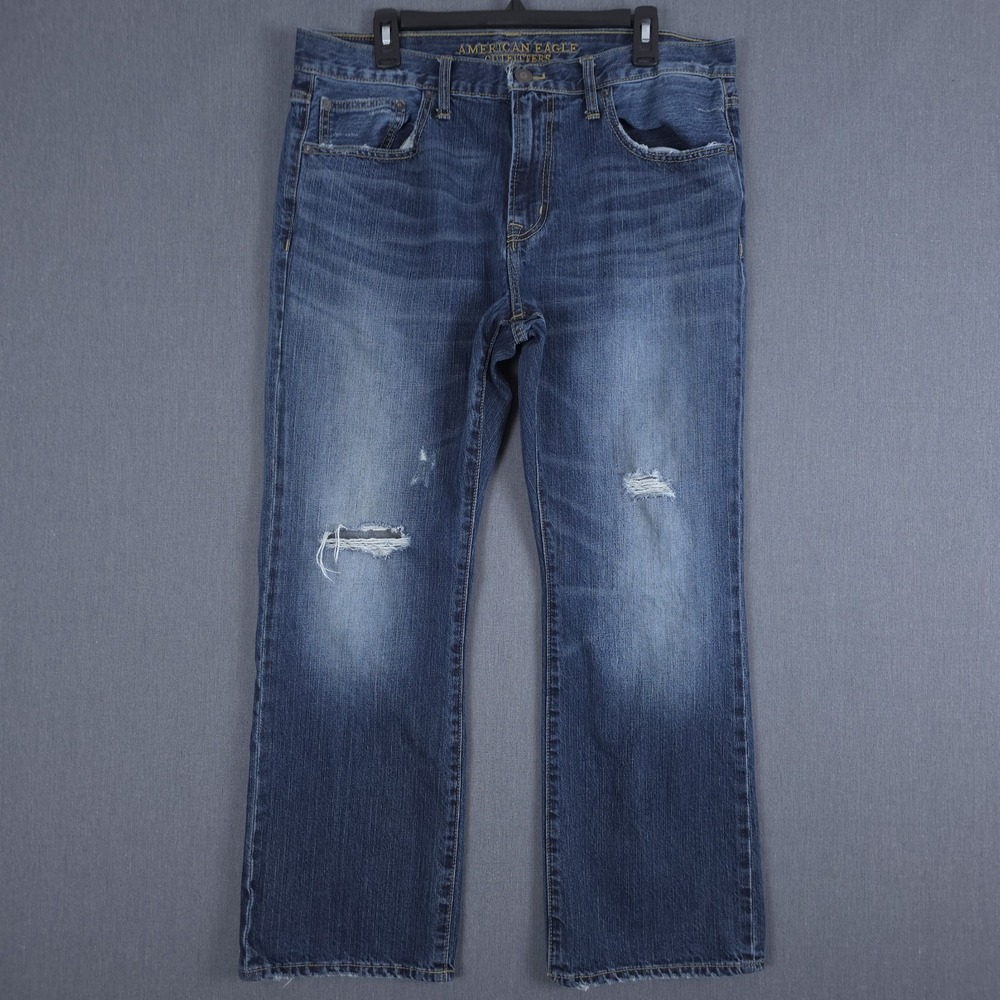 American Eagle Original Boot Jeans Mens 36x30 (Fits 35x29) Blue Distressed Denim